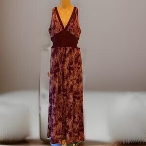 HotKiss Women XL MaxiDress Babydoll SideCutOut Sleeveless BOHO Maroon TieDye Y2K